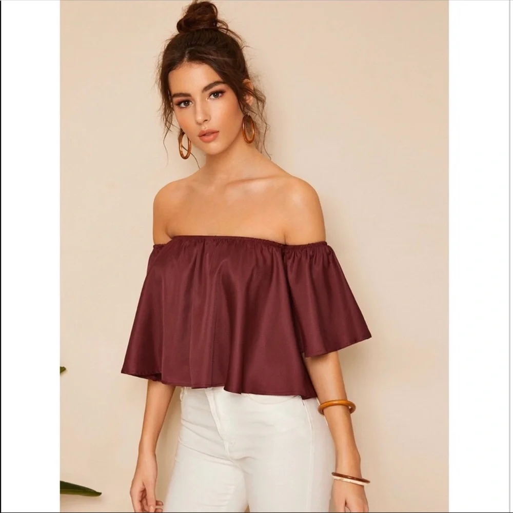 NEW Burgundy Shirred Off the Shoulder Top - Picture 5 of 5